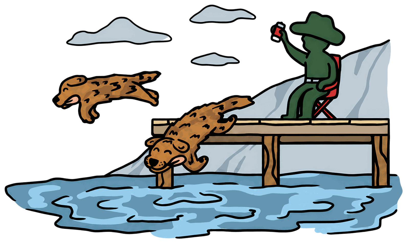 The Green Guy and the Golden Lab out on the dock